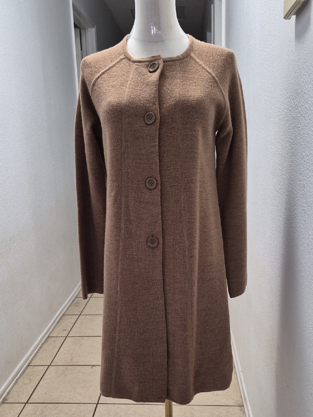 Classic Brown/ Tan Long Button Cardigan 100% Wool, Henry New York